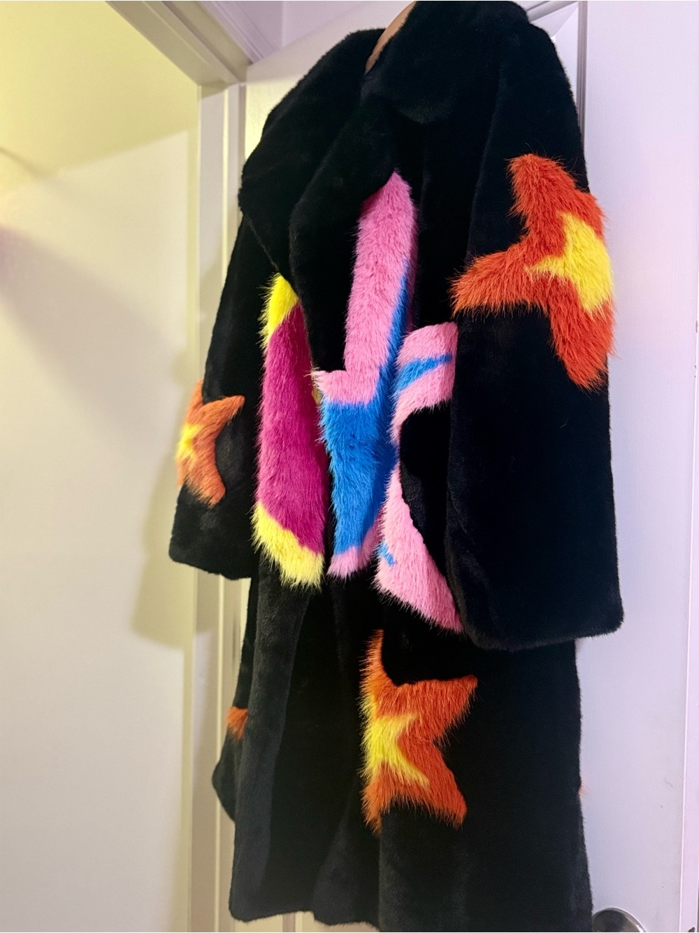 Black Faux Fur Coat with Neon Star & Stripe Patches. - Picture 8 of 9